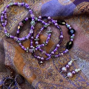 Handmade Jewelry Set 4 Stack Bracelets & Matching Earrings in Purple